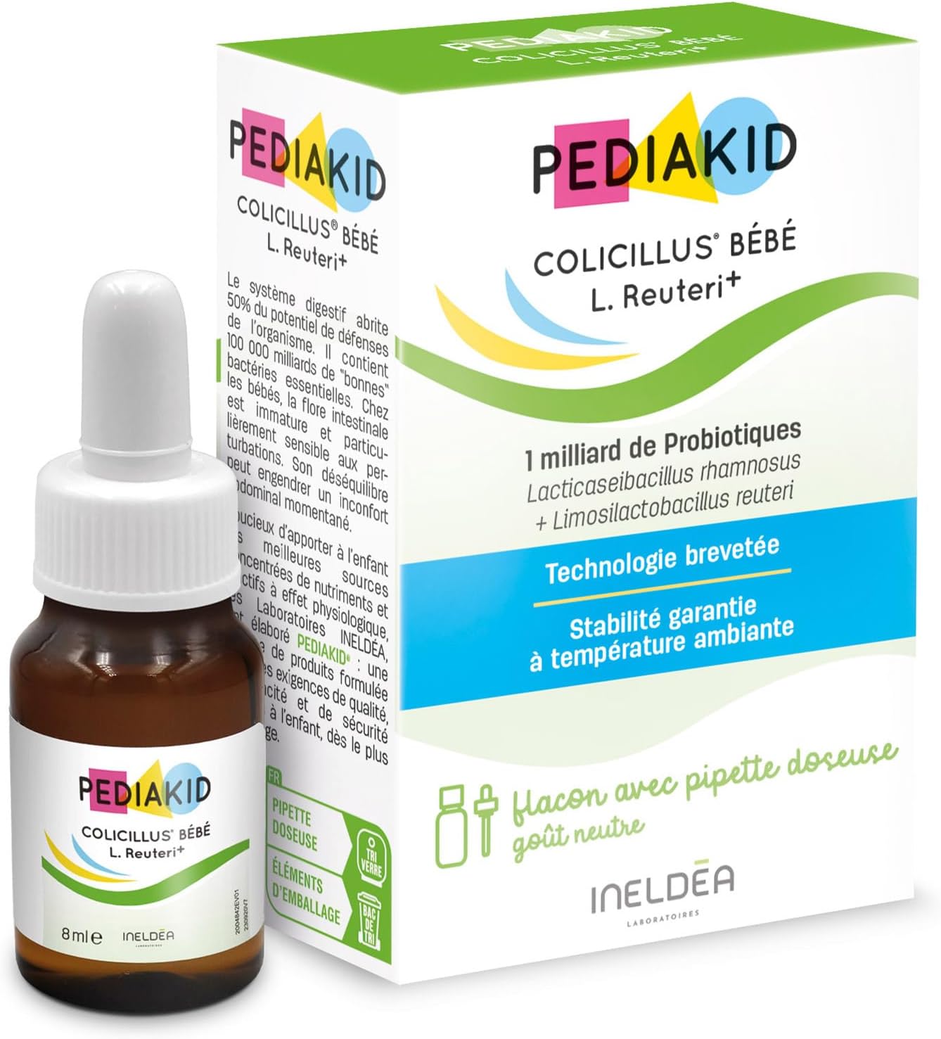Colicillus Bébé - Probiotiques Lactobacillus GG & Reuteri - 1 Milliard UFC par prise - Réduit les contractions abdominales - Sans lactose - Goût Neutre - Dès la naissance - Flacon de 8ml 1 unité (Lot de 1)