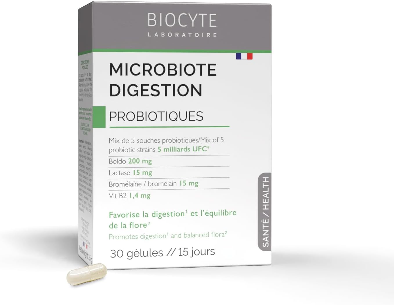 BIOCYTE Microbiote Digestion - Probiotiques Flore Intestinale - 5 Souches Probiotiques, Boldo, Vitamine B2, Lactase & Bromelaine - Programme 15 Jours