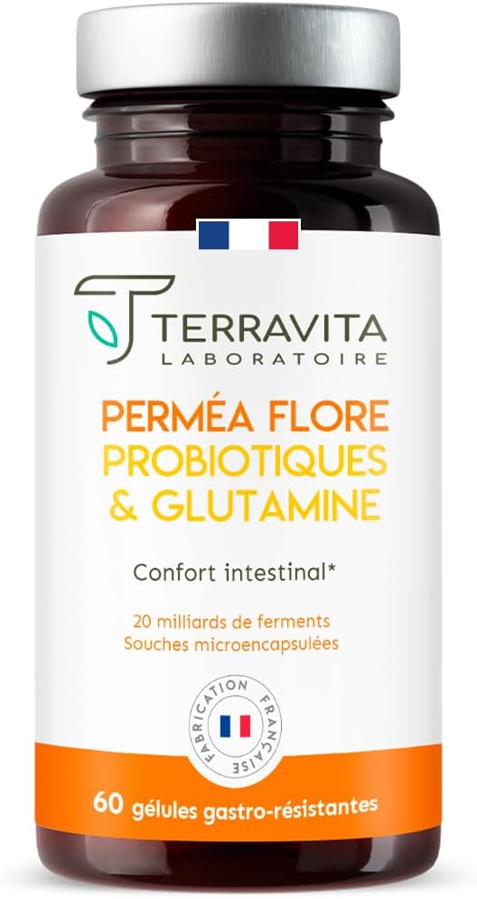 Permea Flore - PROBIOTIQUES + GLUTAMINE - Flore Intestinale et Cicatrisation de la Muqueuse - Idéal Contre la Perméabilité Intestinale - 60 Gélules Gastro-résistantes - Made in France - Terravita