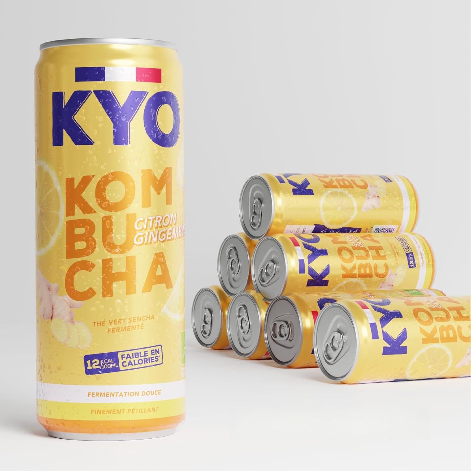 Lot de 8 Canettes 33cl Kombucha Citron Gingembre Bio - Pétillant - faible en sucre - sans alcool et artisanal Citron Gingembre 33 cl (Lot de 8)