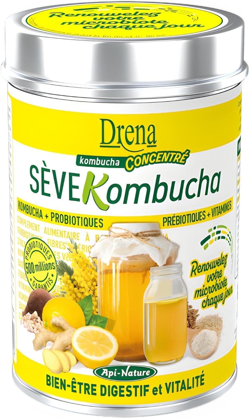 Kombucha Boisson en Poudre 100 g - Renouvelle le Microbiote - Thé Kombucha avec Probiotiques, Prébiotiques et Fibres - Sans Sucre, avec Vitamines 100% Végétales - 10 Portions - Api-Nature