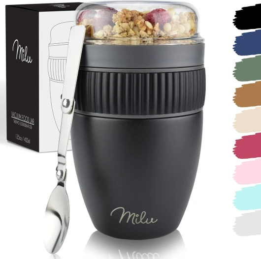 Tasse à céréales à emporter 400ml I Tasse à yogourt isolée en acier inoxydable pour les céréales I Tasse anti-fuite avec cuillère pour le yogourt/porridge (Noir) Noir 400ml