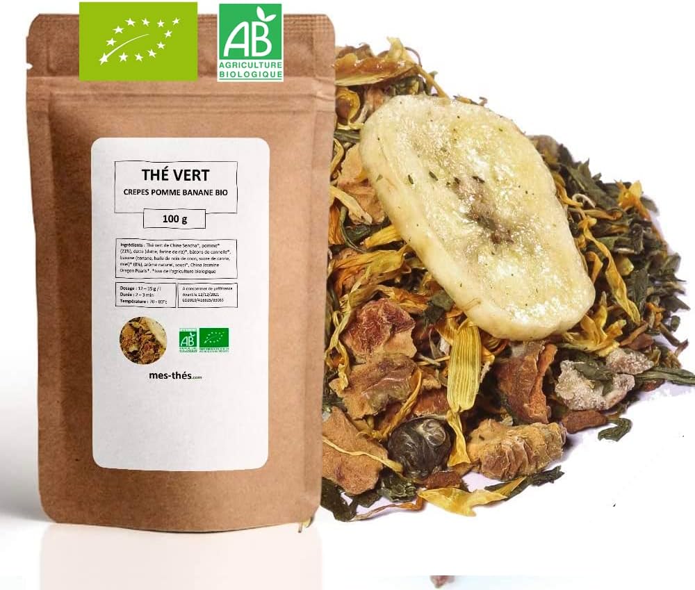 Thé Vert bio Pomme Banane Crêpes BIO - 100g (40 tasses) - Thé en vrac 100% agriculture biologique - Mes-Thés