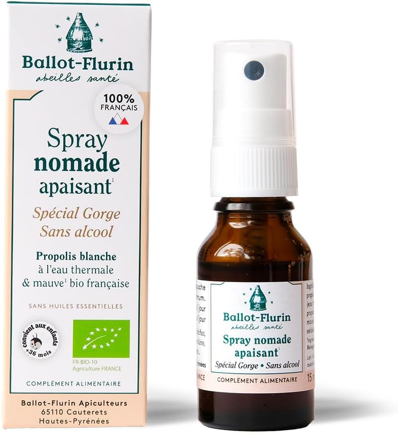 Ballot-Flurin - Spray Nomade Apaisant - Sans Alcool - À la Propolis Blanche - 15 ml - Ingrédients 100% Français biologique 15 ml Spray Apaisant