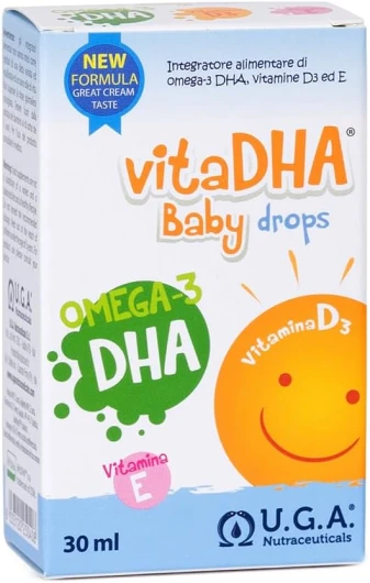 VitaDHA Baby drops – Complément alimentaire d'oméga-3 DHA pur - Avec vitamine D3 et E - Pour bébés et enfants - Sans gluten ni lactose - Goût lait et crème - Compte-gouttes pratique - 30 ml