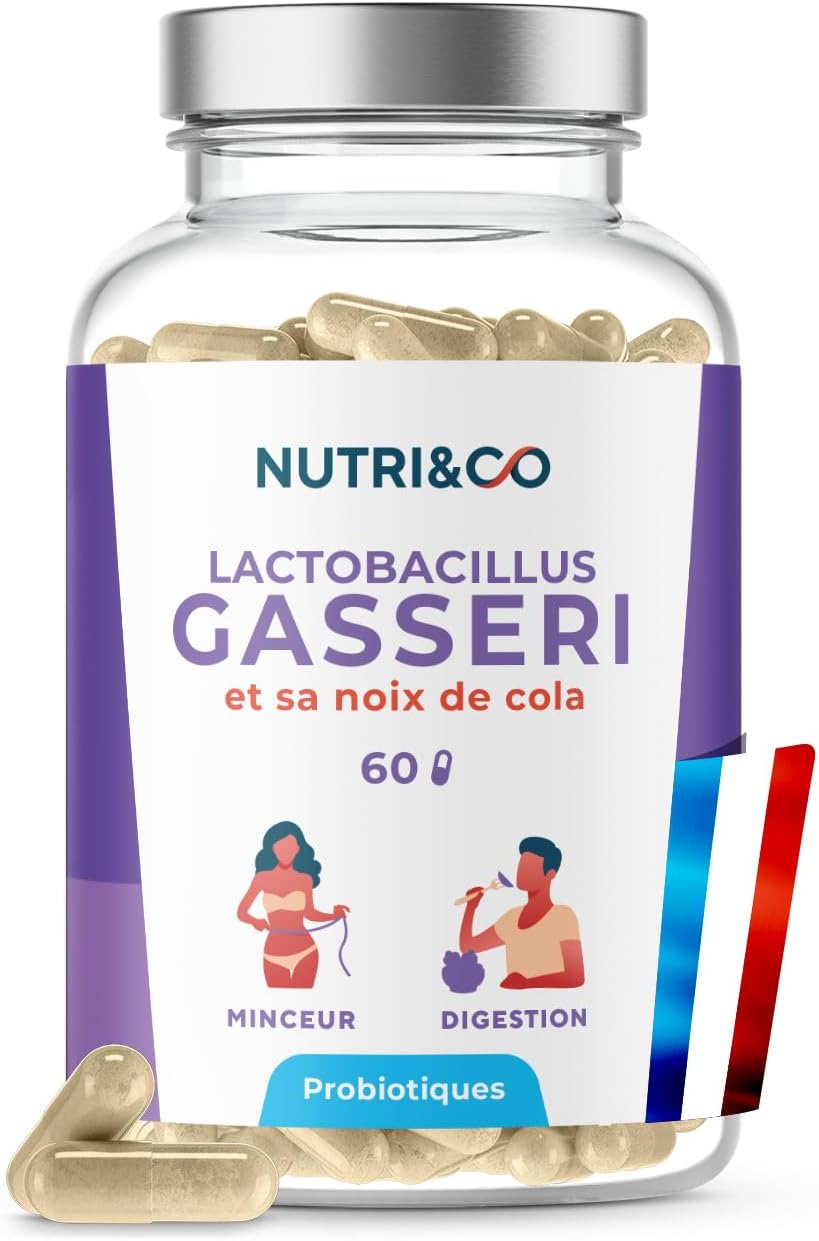 NUTRI & CO Lactobacillus Gasseri 200 milliards d’UFC/g - Probiotique Ventre Plat + Noix de Cola - Flore Intestinale Digestion - 60 gélules Gastro-Résistantes Vegan Fabriqué en France