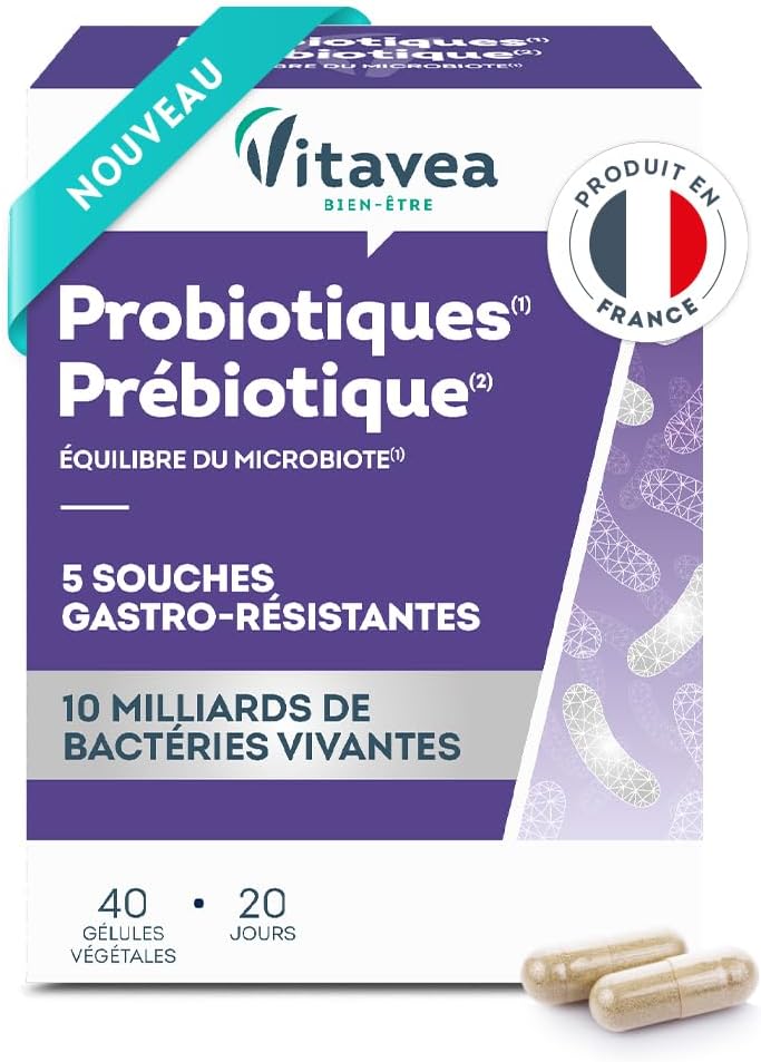 VITAVEA BIEN-ETRE - Probiotiques Prébiotique - Probiotique Flore Intestinale - Equilibre intestinal et digestif - 5 souches probiotiques & prébiotique - 40 gélules - 20 jours - Fabriqué en France Probiotiques Prébiotiques
