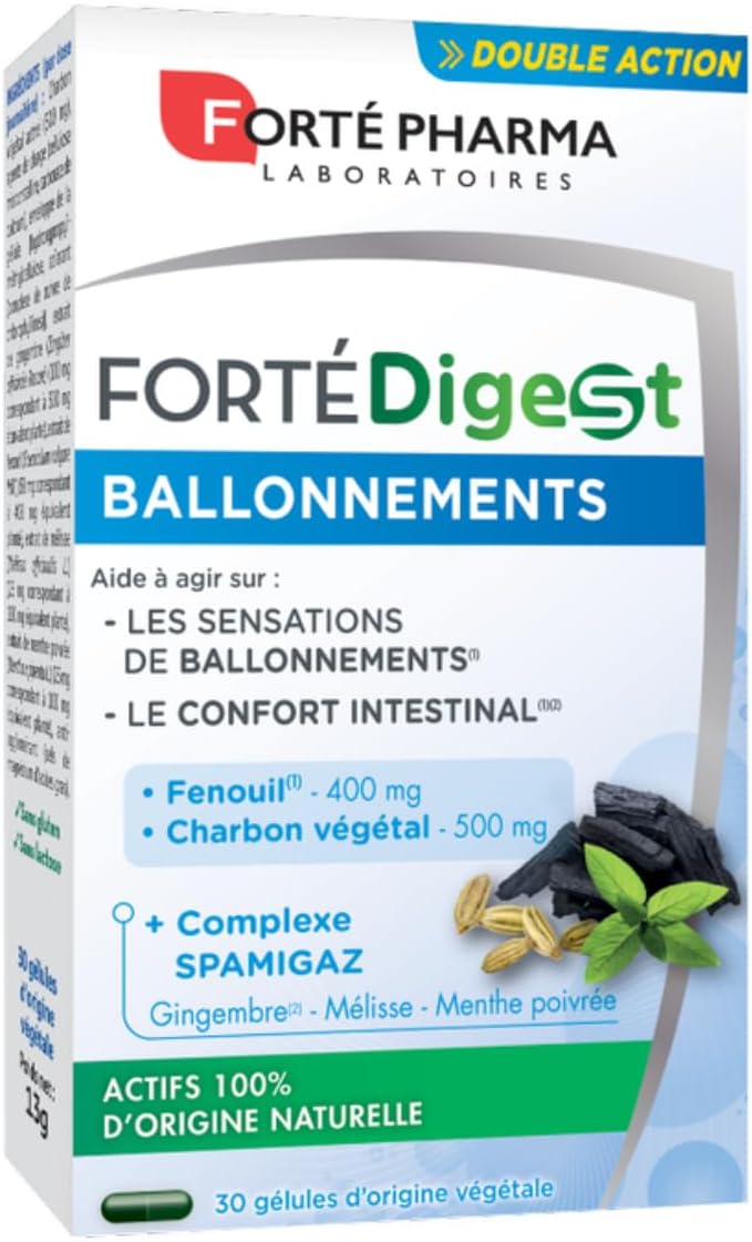 Forté Digest Ballonnements - Confort Intestinal - Complément Alimentaire Digestion - Charbon végétal, Fenouil, Gingembre - 30 gélules, 3/jour
