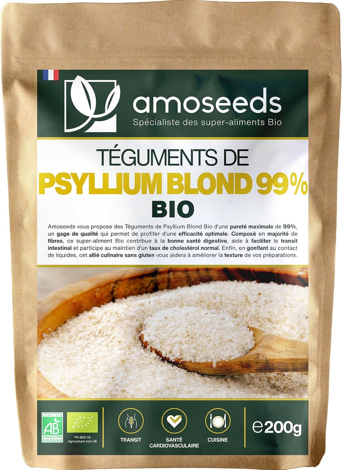 Psyllium Blond Bio - Téguments Purs 99% - 88% de Fibres, Transit, Sans gluten - Qualité Supérieure… (Psyllium 200G)