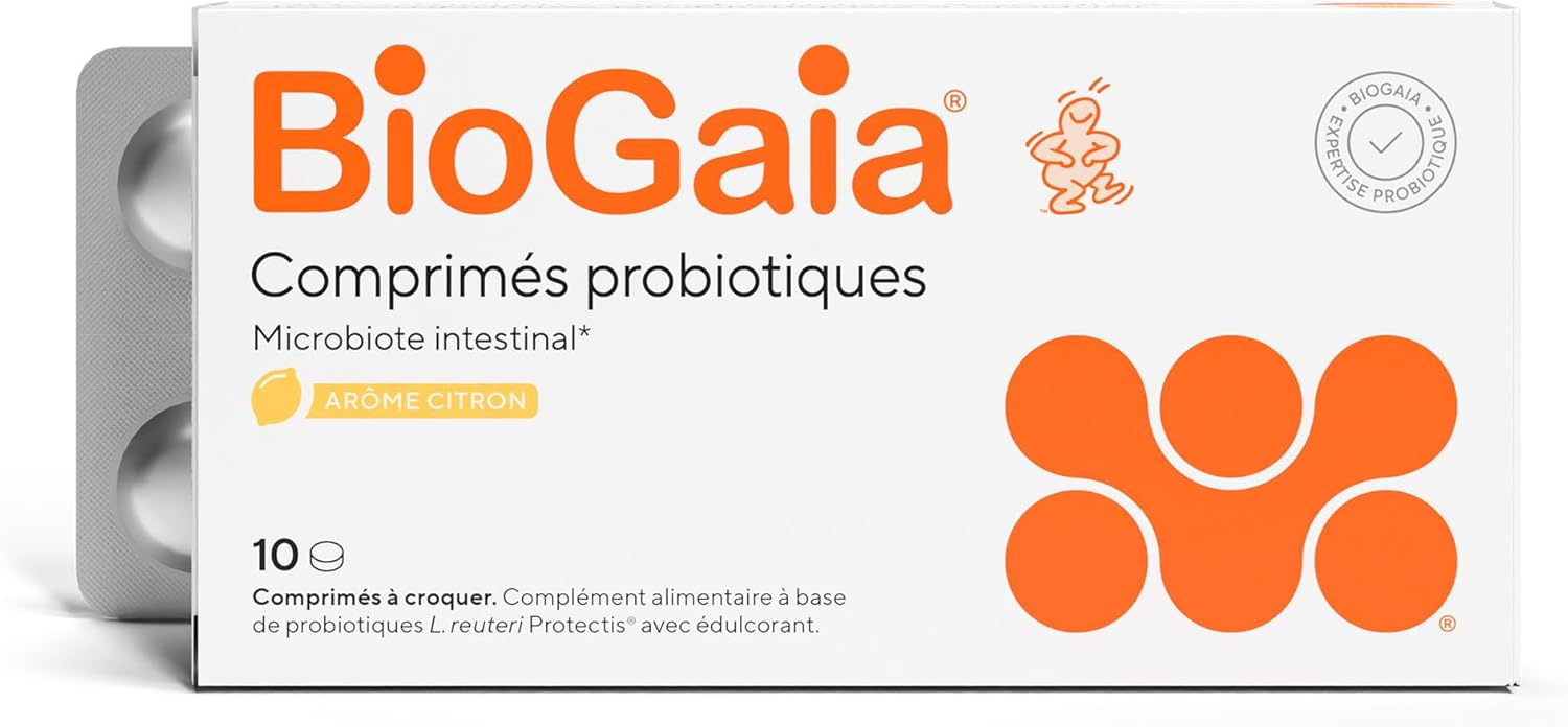 BioGaia Comprimés Probiotiques pour Adultes - Équilibre de la Flore Intestinale - Complément Alimentaire - Contient le L - reuteri Protectis - Arôme Citron – 30 Comprimés à Croquer