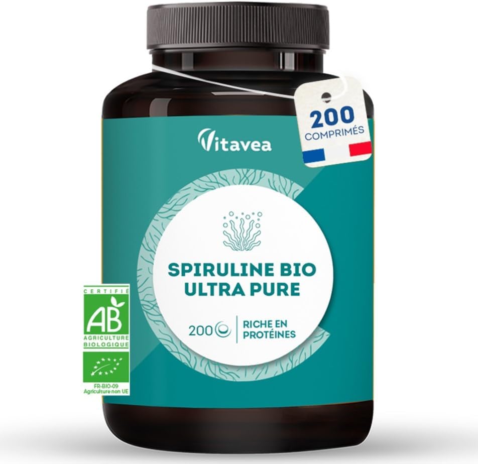 Spiruline BIO Ultra Pure 1500 mg - Sans Excipients, Riche en Protéines, Phycocyanine, Fer, Antioxydants - Immunité, Fatigue - 200 comprimés - Vegan - Fabriqué en France - Vitavea