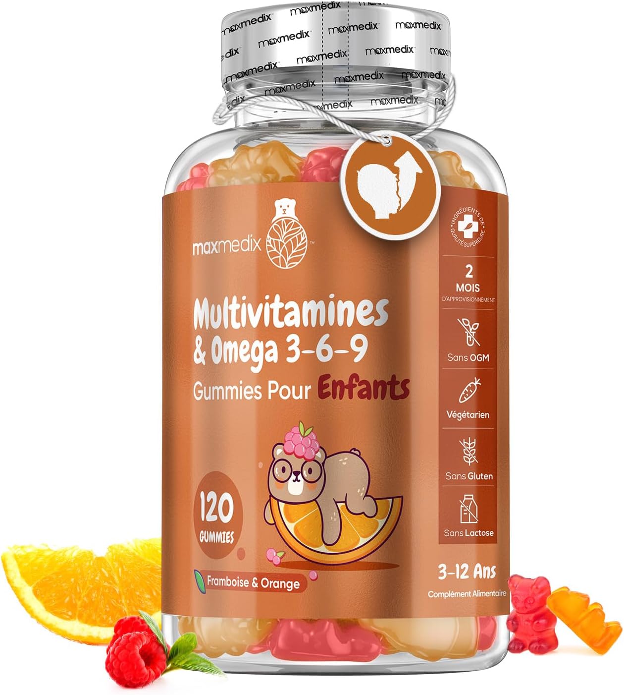 Multivitamines et Minéraux avec Oméga 3 6 9, 120 Gummies Enfants Dès 3 Ans, Avec 17 Nutriments Vitamine C, D, B12, B6, A et Zinc, Pour Immunité, Croissance et Os EFSA, Goût Framboise et Orange