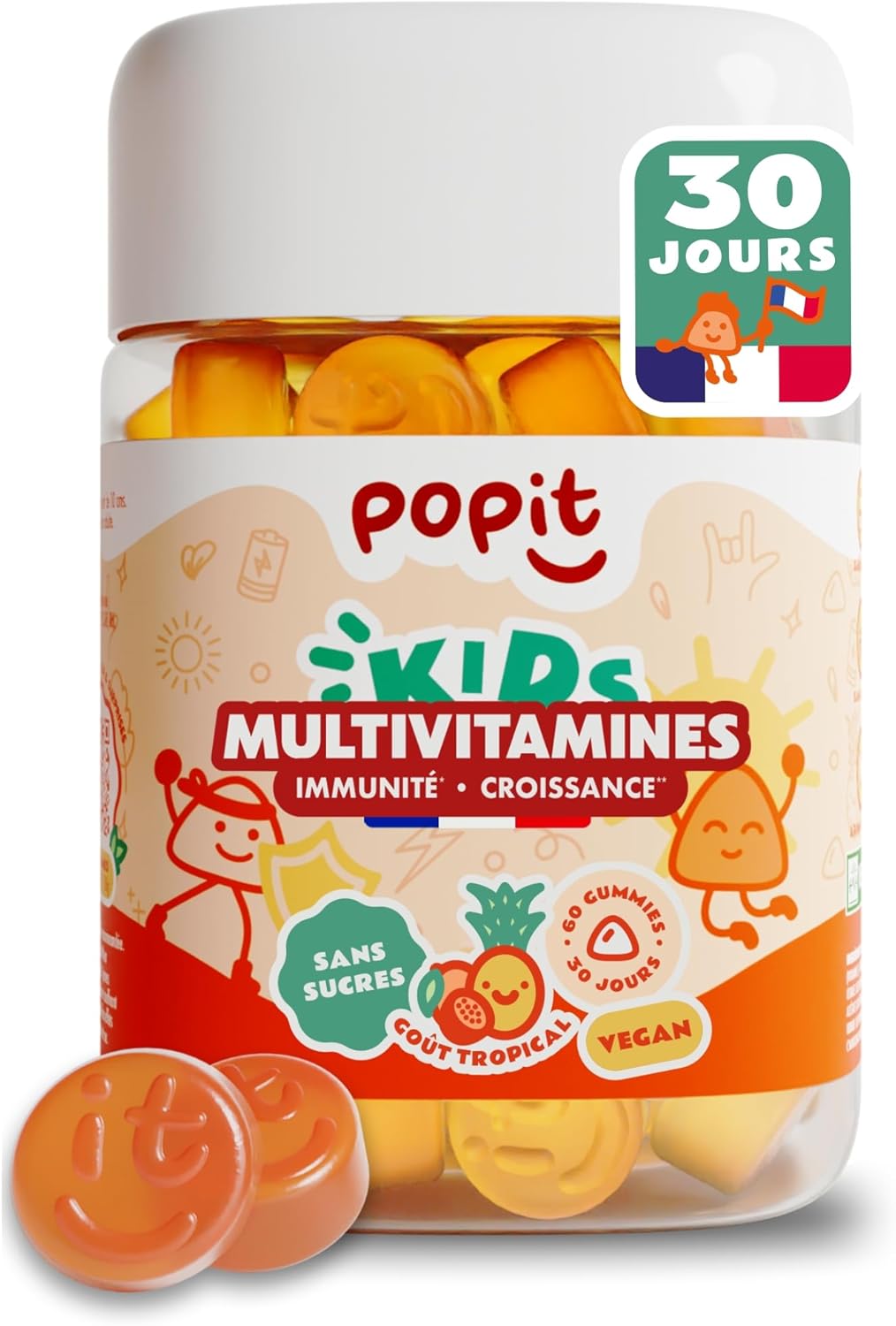 60 Gummies Multivitamines Enfants dès 3 ans et Ados - Cure 1 Mois - Sans Sucres, Goût Tropical, Vegan - Vitamines Enfant avec Vitamine D Enfant, A, B, C, E - Gomme Vitamine Bonbon 60 unité (Lot de 1) Gummies Kids (Pot)