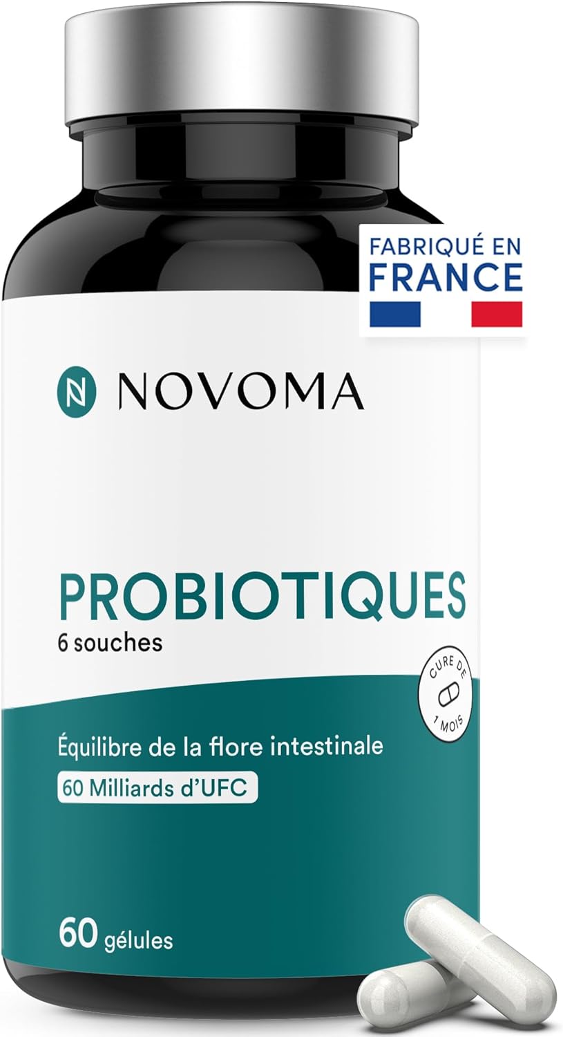 Probiotiques, Complexe pour la Flore Intestinale, 60 Milliards UFC/Jour, 6 Souches Naturelles, Ferments Lactiques, 60 Gélules Vegan Gastro-Résistantes, Fabriqué en France Probiotiques - Novoma