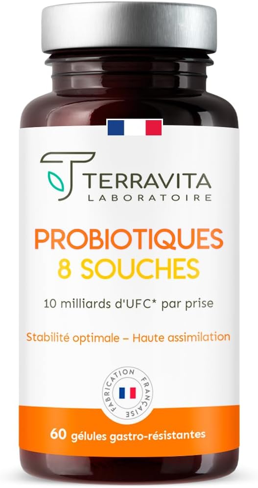 Probiotiques Flore Intestinale - Microbiote et Santé Digestive - 8 Souches Bio-actives dont Lactobacillus Reuteri et Acidophilus - 60 Gélules Gastro-résistantes - Made in France - Terravita