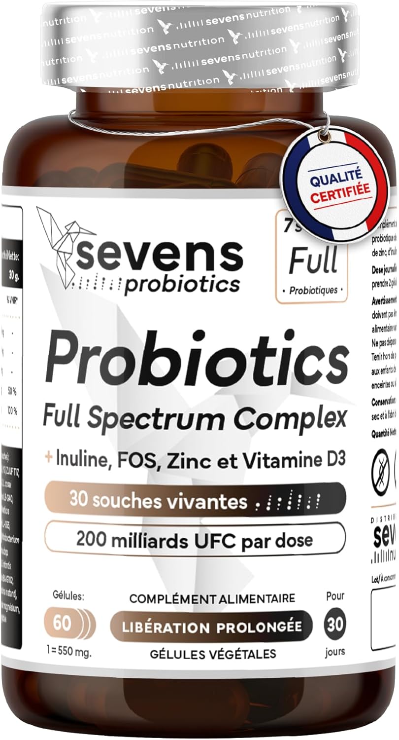 Probiotique Flore Intestinale - 200 Milliards UFC/jour - 30 Souches dont Lactobacillus Gasseri + Reuteri - Prebiotique et Probiotique - Enzymes Digestives - 60 Gélules Gastro-résistantes - Sevens