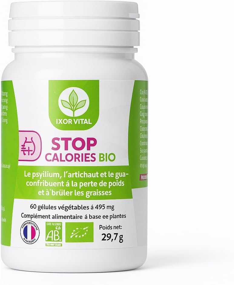 Ixor Vital Stop Calories Bio - Complément Minceur 60 Gélules Végétales - Guarana, Artichaut, Thế Vert - Fabriqué en France - Bio, Vegan, Sans Sucre - Aide Perte de Poids & Digestion