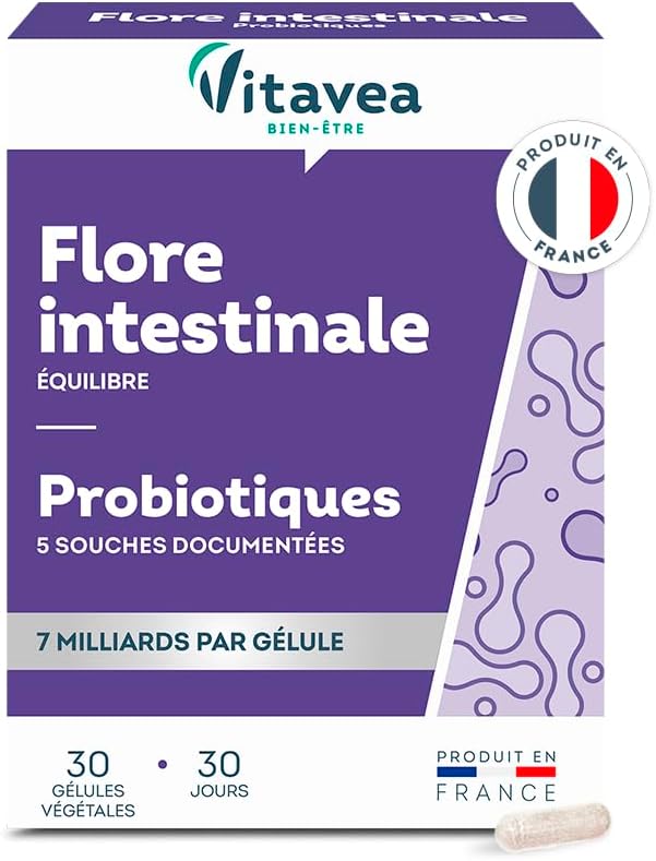 Vitavea - Probiotique Flore Intestinale, Equilibre du Microbiote, Digestion - Ferments Lactiques - Lactobacillus et Bifidobacterium - 30 gélules végétales - 1 mois - Fabriqué en France