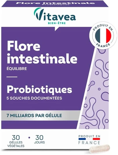 Vitavea - Probiotique Flore Intestinale, Equilibre du Microbiote, Digestion - Ferments Lactiques - Lactobacillus et Bifidobacterium - 30 gélules végétales - 1 mois - Fabriqué en France
