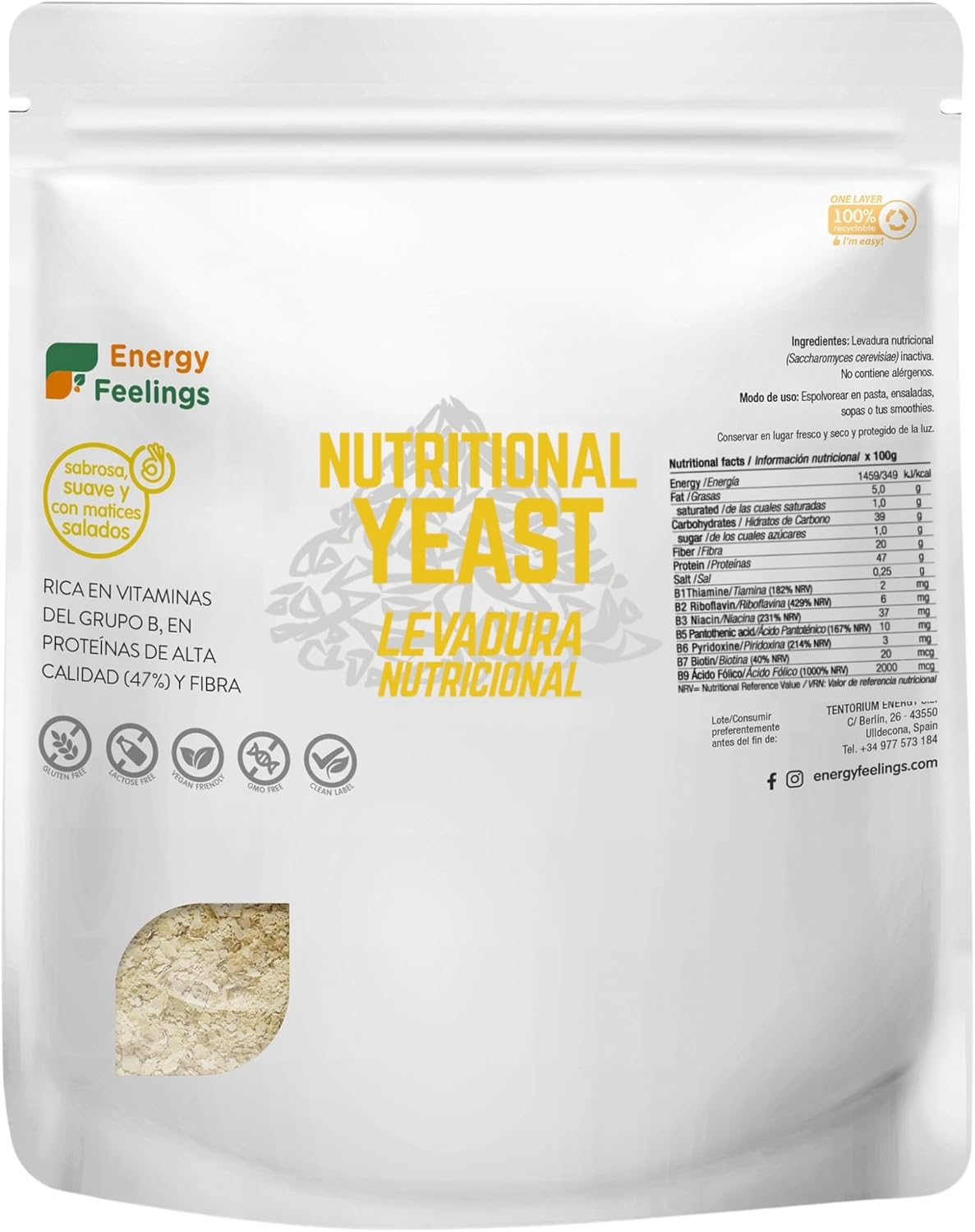 Energy Feelings Flocons de Levure Nutritionnelle 250g, Levure Inactive Riche en Vitamine B et en Protéine à 47%, Vegan, sans Gluten, Parfait pour les Plats Végétariens, sans Sucres Ajoutés Levure Vitamine B 250 g (Lot de 1)