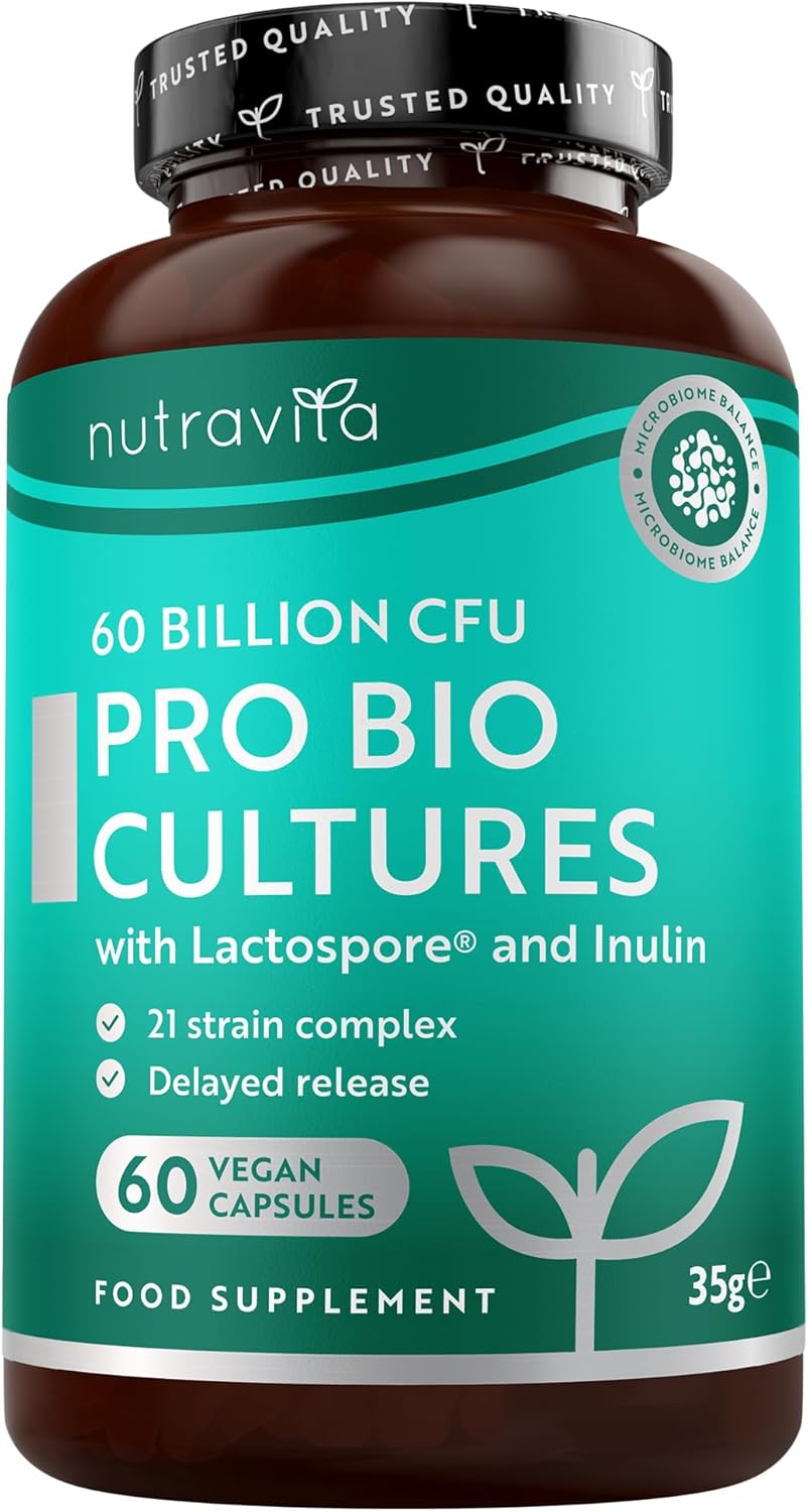 Probiotique Flore Intestinale 60 milliards d'UFC, 21 Souches Bactériennes avec Lactospore® Inuline Lactobacillus Gasseri Bifidobacterium - Enzymes Digestives Prebiotique et Probiotique de Nutravita