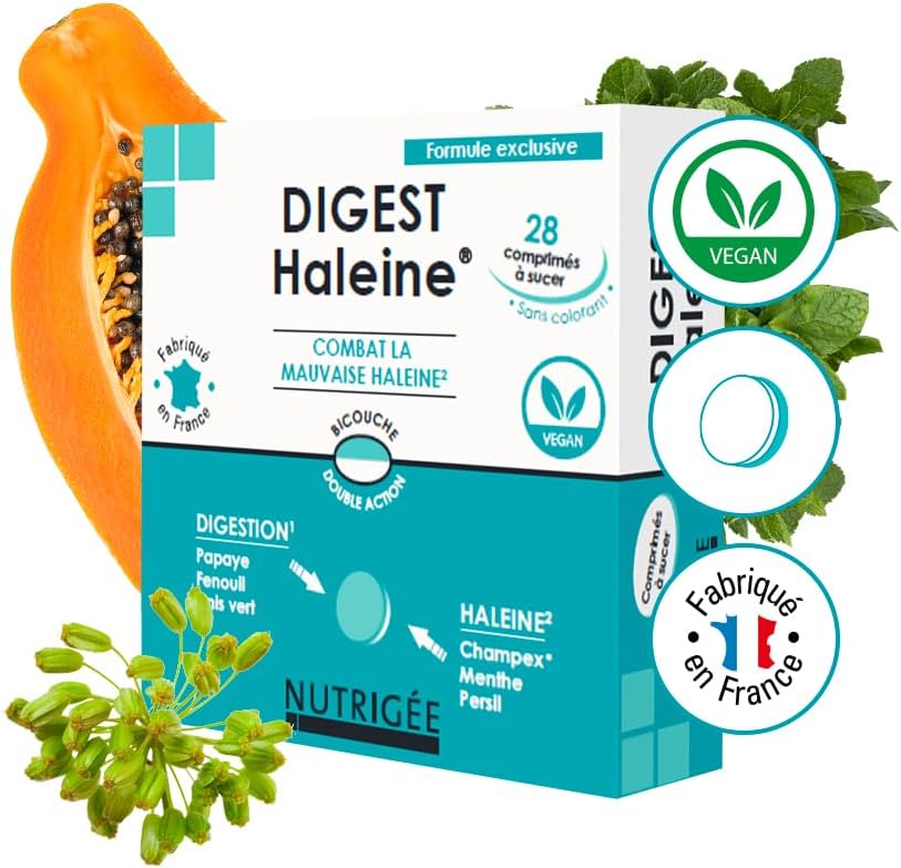 Digest Haleine - Mauvaise Haleine & Digestion - Neutralise Odeurs Buccales & Gaz Intestinaux - Papaye, Fenouil, Menthe, Anis, Persil, Champex® - 28 Comprimés - Fabriqué en France