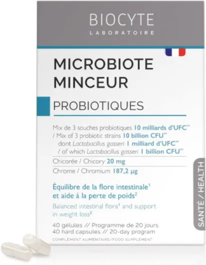BIOCYTE Microbiote Minceur - Complement Alimentaire Probiotique Flore Intestinale - 10 milliards d'UFC, Vitamines, Arginine, Chrome, Chicorée - Programme 20 Jours