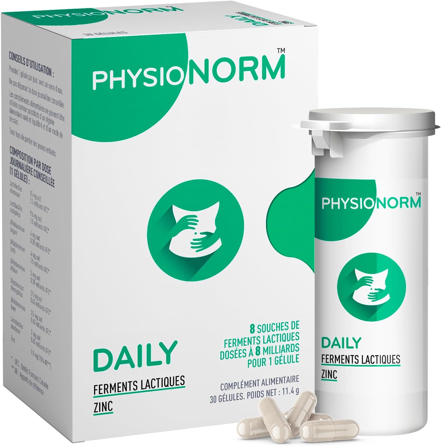 Physionorm Daily - Probiotiques Flore Intestinale & Zinc - Complément Alimentaire pour Confort Digestif, Ballonnements, Transit & Colon Irritable - Cure Ventre Plat - 30 Gélules