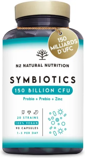Probiotique Flore Intestinale 150 Milliards UFC, 20 Souches de Bactéries + Zinc + Inuline - Probiotiques pour la Régénération Digestive et Microbiote - 90 gélules, Végétalien - N2 Natural Nutrition Symbiotics150B