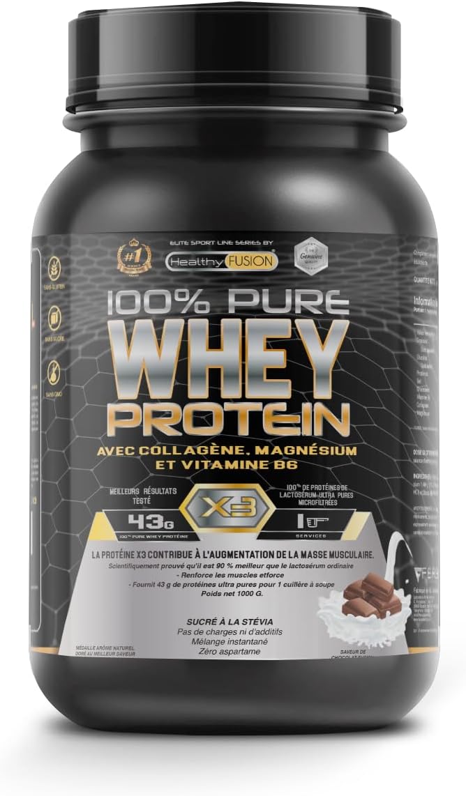 Healthy Fusion, 100% Whey Protein - Protéine Pure avec Collagène & Magnésium - Tonifie, Augmente la Masse Musculaire & Aide à la Récupération - Saveur Chocolat - 1000g