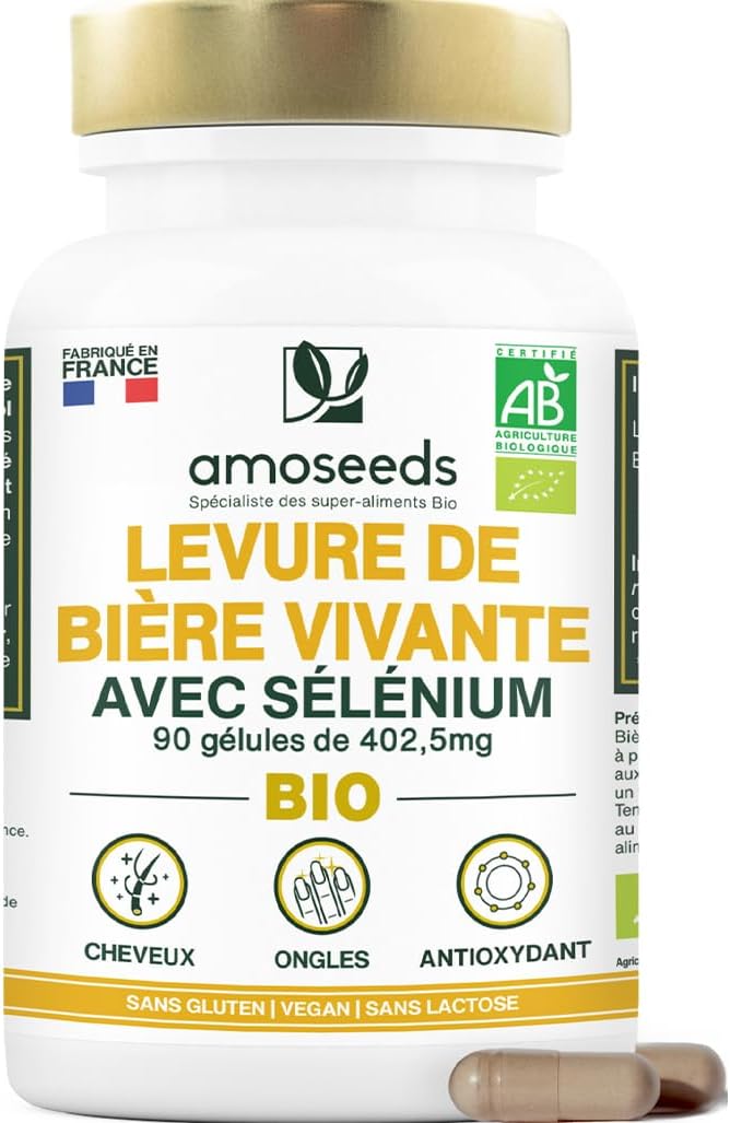 Levure de Bière Active BIO - Cheveux et Ongles - Levure Vivante, 1200mg / jour, Sans Gluten - Enrichie en Sélénium - 90 gélules vegan - Fabriqué en France - Qualité Supérieure