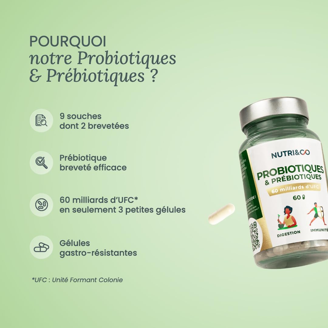 NUTRI & CO Probiotique Flore Intestinale - 60 Milliards UFC/jour - 9 Souches dont 2 Lactobacillus Brevetées - 60 Gélules Gastro-Résistantes aux Enzymes Digestives - Conditionné en France 60 unité (Lot de 1)