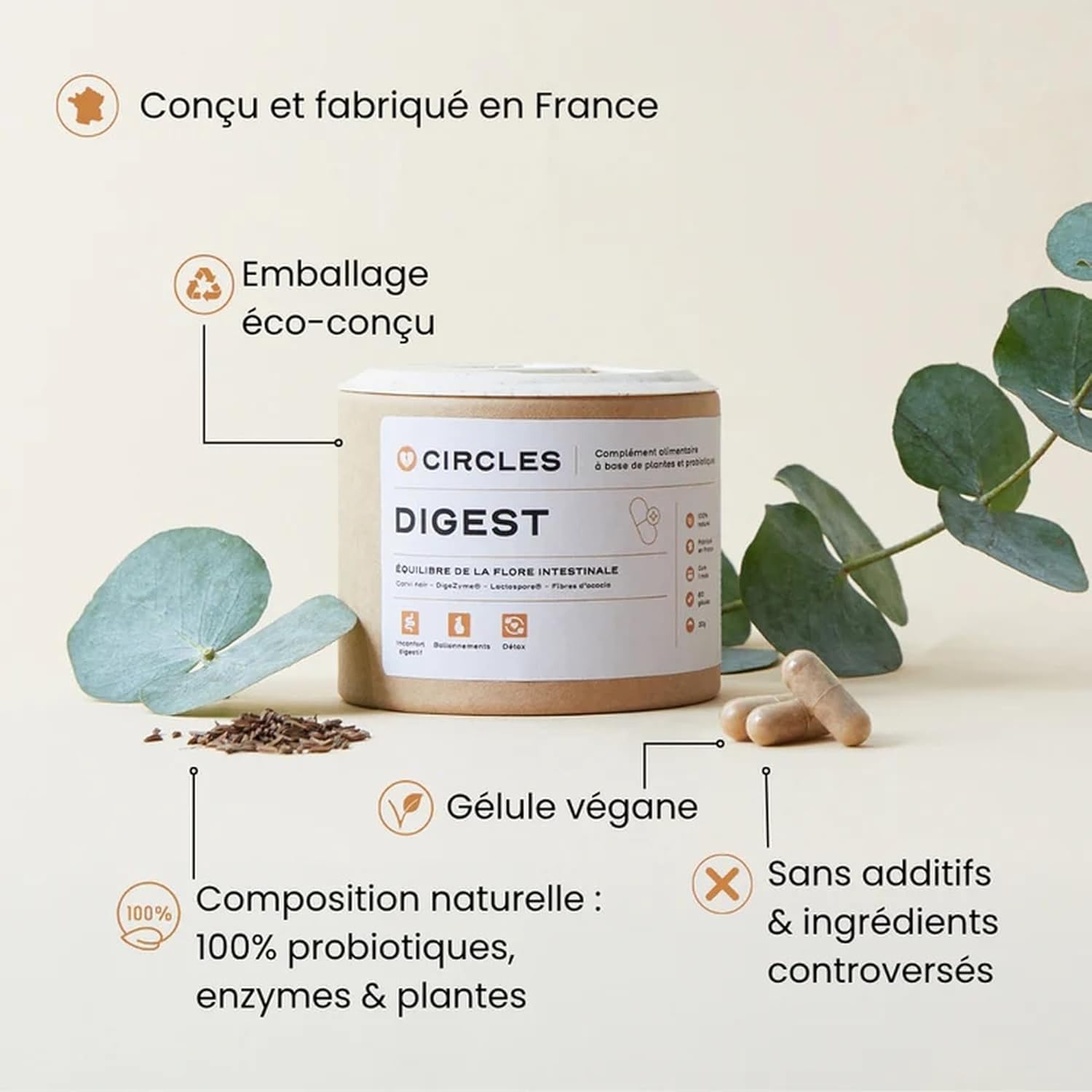 Circles DIGEST – Probiotic Intestinal Flora, Microbiota Balance & Digestion – Bacillus coagulans + DigeZyme Enzymes – 60 Vegetable Capsules – 1 Month – Made in France