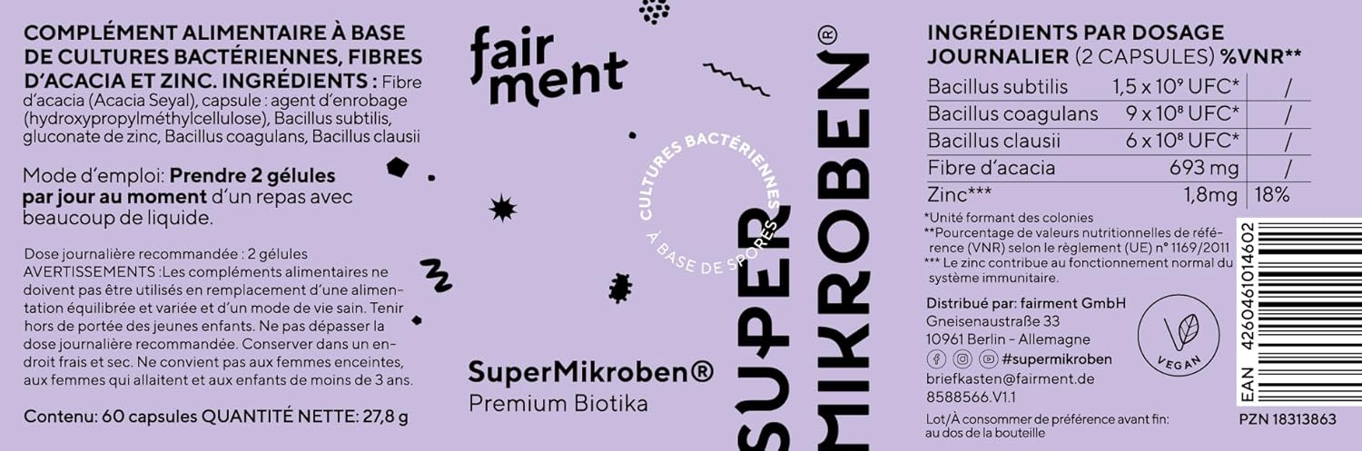 Fairment SuperMikroben® - [Microbes de l'année 2023] - Complexe de cultures végétalien, testé en laboratoire, sans additifs - Bactéries intestinales avec fibres alimentaires + zinc