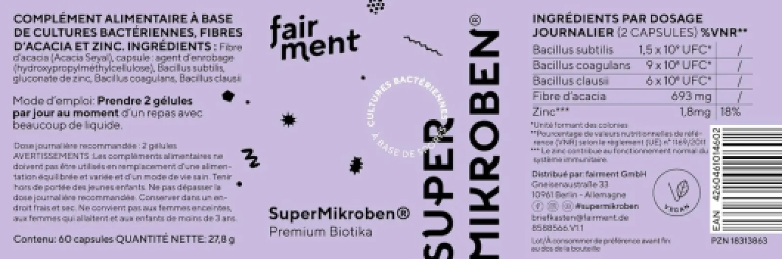 Fairment SuperMikroben® - [Microbes de l'année 2023] - Complexe de cultures végétalien, testé en laboratoire, sans additifs - Bactéries intestinales avec fibres alimentaires + zinc