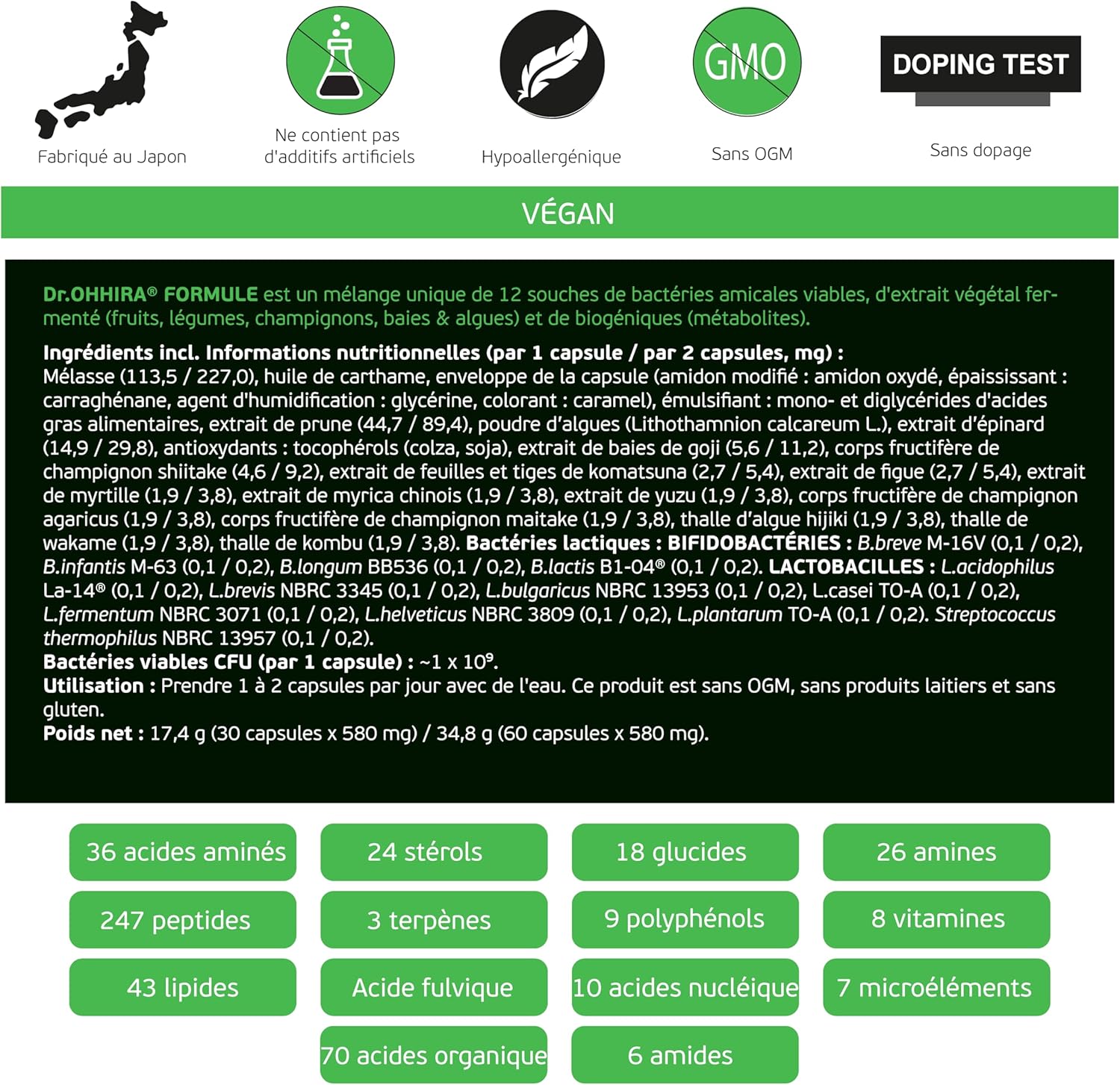 Standard pour la Santé Intestinale – Probiotiques, Prébiotiques et Postbiotiques OM-X® –3 Ans Fermentation de 12 Cultures Bactériennes Vivantes-60 Gélules 60 unité (Lot de 1)