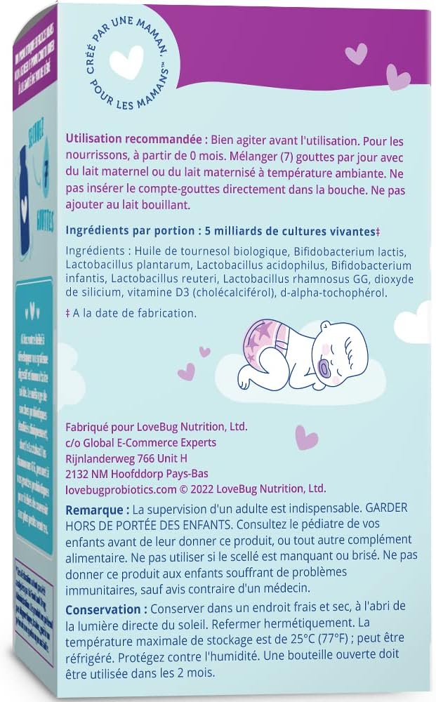 Lovebug Probiotics Gouttes pour bébés pour 0 mois et plus, 10 ml (approvisionnement de 30 jours) 5 milliards d'UFC avec L GG, B Infantis USDA biologique, sans allergène