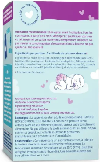 Lovebug Probiotics Gouttes pour bébés pour 0 mois et plus, 10 ml (approvisionnement de 30 jours) 5 milliards d'UFC avec L GG, B Infantis USDA biologique, sans allergène