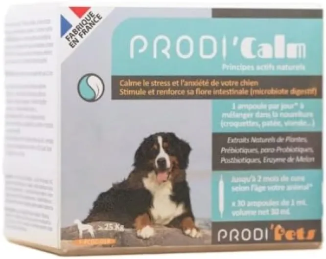 Contre Le Stress et l'anxiété - Complément Alimentaire - Actifs naturels à Base de Para-probiotiques et extraits de Plantes - 30 Ampoules - Cure d'1 Mois - PRODI'CALM Chien - 110 g PRODICALM GRAND CHIEN