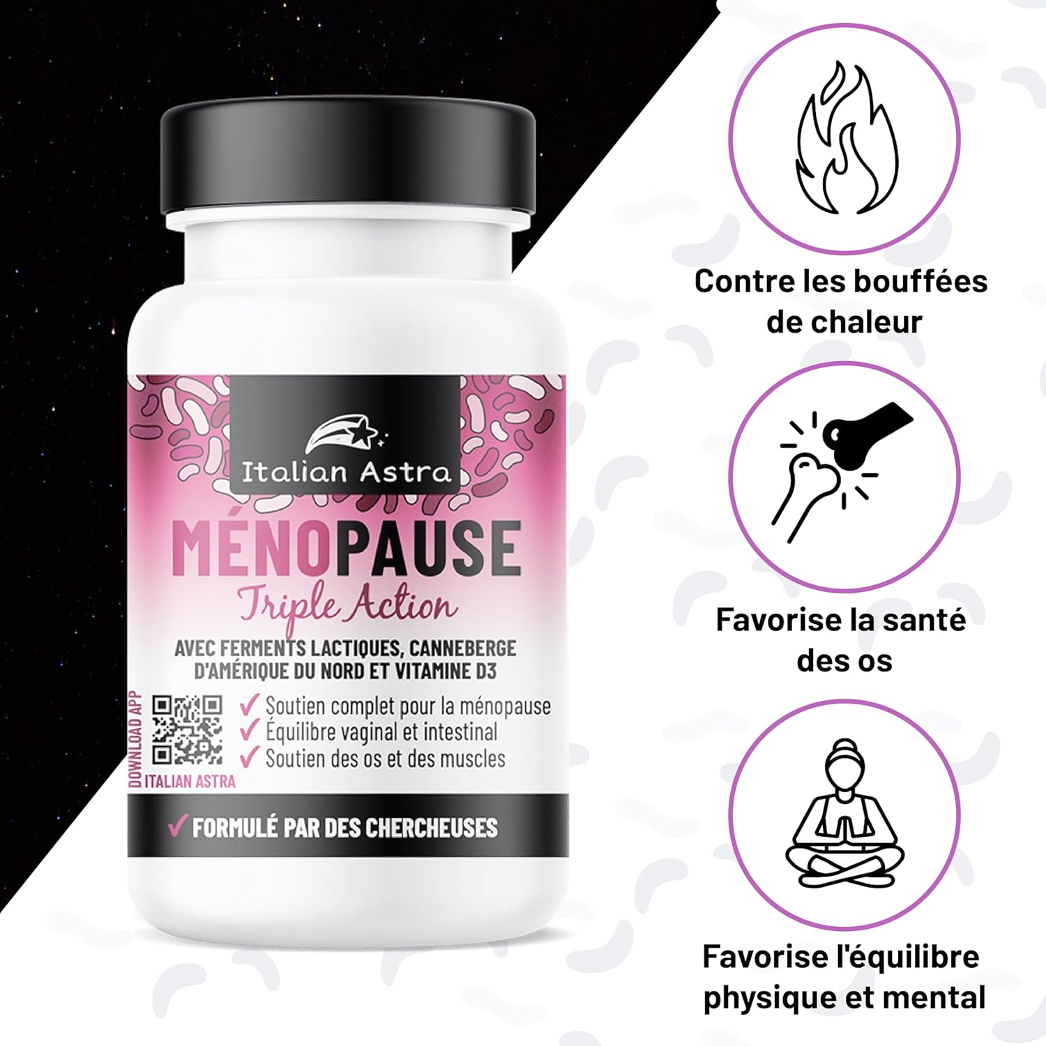 Ménopause & Pré-Ménopause - Complément Naturel Sans Hormones - Bouffées de Chaleur, Sommeil, Humeur - Probiotiques & Canneberge - 60 Gélules – Fabriqué en Italie