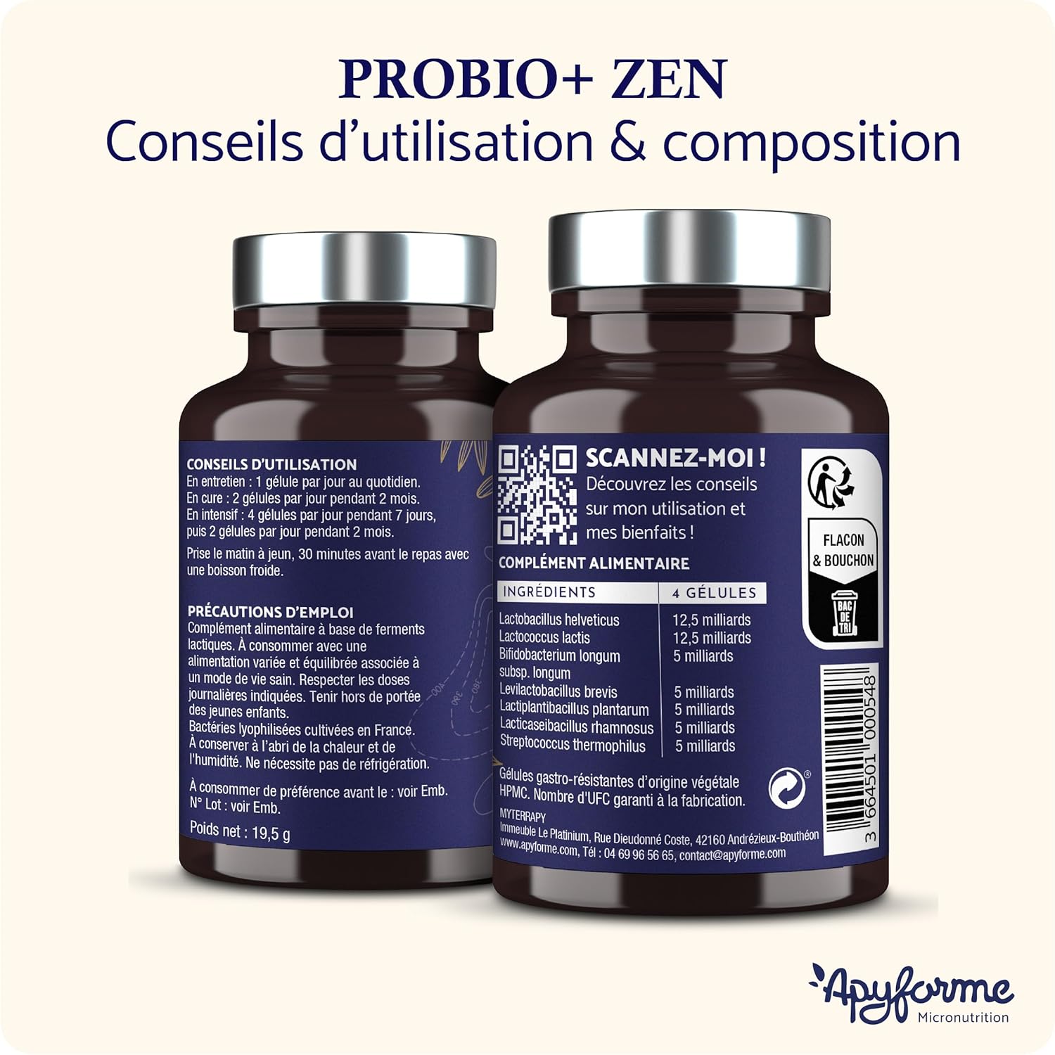 Probio+ ZEN - Probiotique Anti Stress et Anxiété à base de Ferments Lactiques - 50 Milliards UFC/jour pour retrouver la Sérénité - 4 Souches - Complément Alimentaire Fabriqué en France par Apyforme