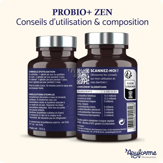 Probio+ ZEN - Probiotique Anti Stress et Anxiété à base de Ferments Lactiques - 50 Milliards UFC/jour pour retrouver la Sérénité - 4 Souches - Complément Alimentaire Fabriqué en France par Apyforme