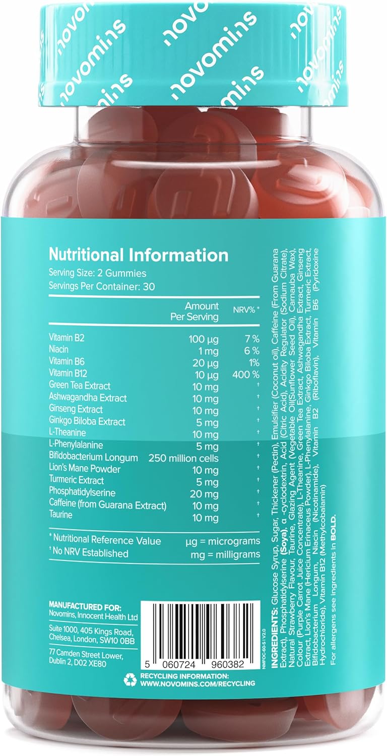 Gommes Concentration – L-Theanine, Ginkgo Biloba, Caféine + Crinière de Lion – Mémoire & Focus Nootropique – Végan, Sans Gluten – 60 Gommes Saveur Fraise – Novomins