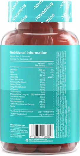 Gommes Concentration – L-Theanine, Ginkgo Biloba, Caféine + Crinière de Lion – Mémoire & Focus Nootropique – Végan, Sans Gluten – 60 Gommes Saveur Fraise – Novomins