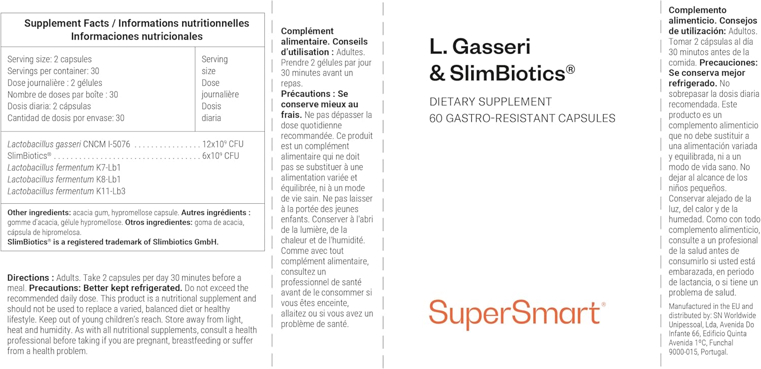 L - Gasseri & SlimBiotics® - Probiotiques pour Régime Minceur - Perte de Poids et Brûle-Graisse - 18 Milliards de CFU/Jour - Testé Cliniquement - 60 Gélules Gastro-Résistantes - SuperSmart