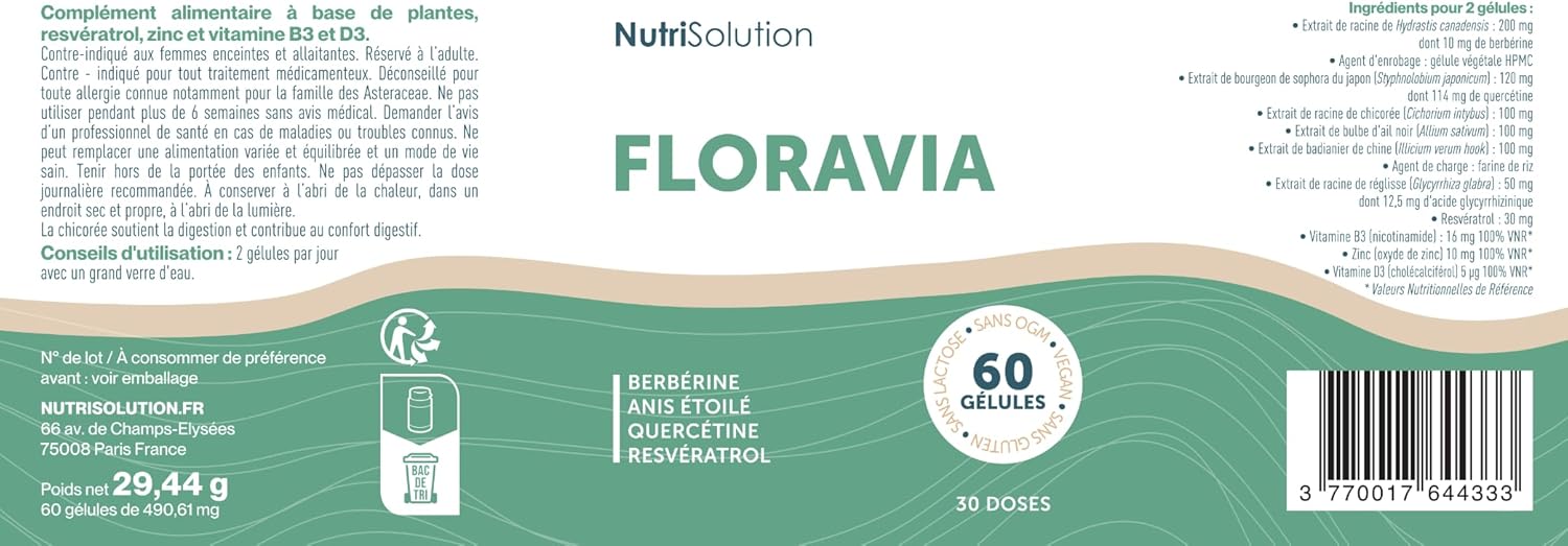 Floravia de NutriSolution I Resvératrol Zinc Vitamine B3 Vitamine D3 Berbérine Quercétine Inuline I 'Absorption du Nutriment, Probiotiques, à Base de Plantes I Made in France (3)