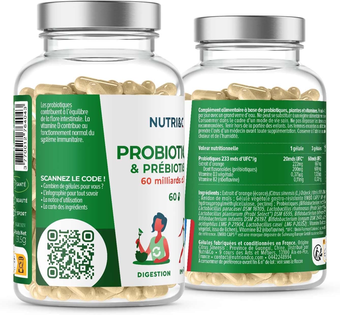 NUTRI & CO Probiotique Flore Intestinale - 60 Milliards UFC/jour - 9 Souches dont 2 Lactobacillus Brevetées - 60 Gélules Gastro-Résistantes aux Enzymes Digestives - Conditionné en France (Lot de 2) 60 unité (Lot de 2)