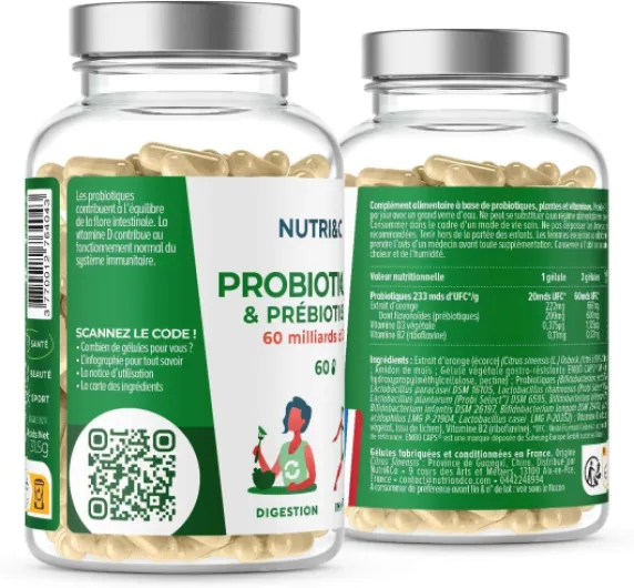 NUTRI & CO Probiotique Flore Intestinale - 60 Milliards UFC/jour - 9 Souches dont 2 Lactobacillus Brevetées - 60 Gélules Gastro-Résistantes aux Enzymes Digestives - Conditionné en France (Lot de 2) 60 unité (Lot de 2)