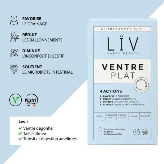 LÏV Happy Food - Ventre Plat - Complément Alimentaire & Probiotique - Favorise le Drainage & Réduit les inconforts digestifs - Charbon Actif & Thé Vert - 1 Mois - 30 Gélules VENTRE PLAT 30 unité (Lot de 1)