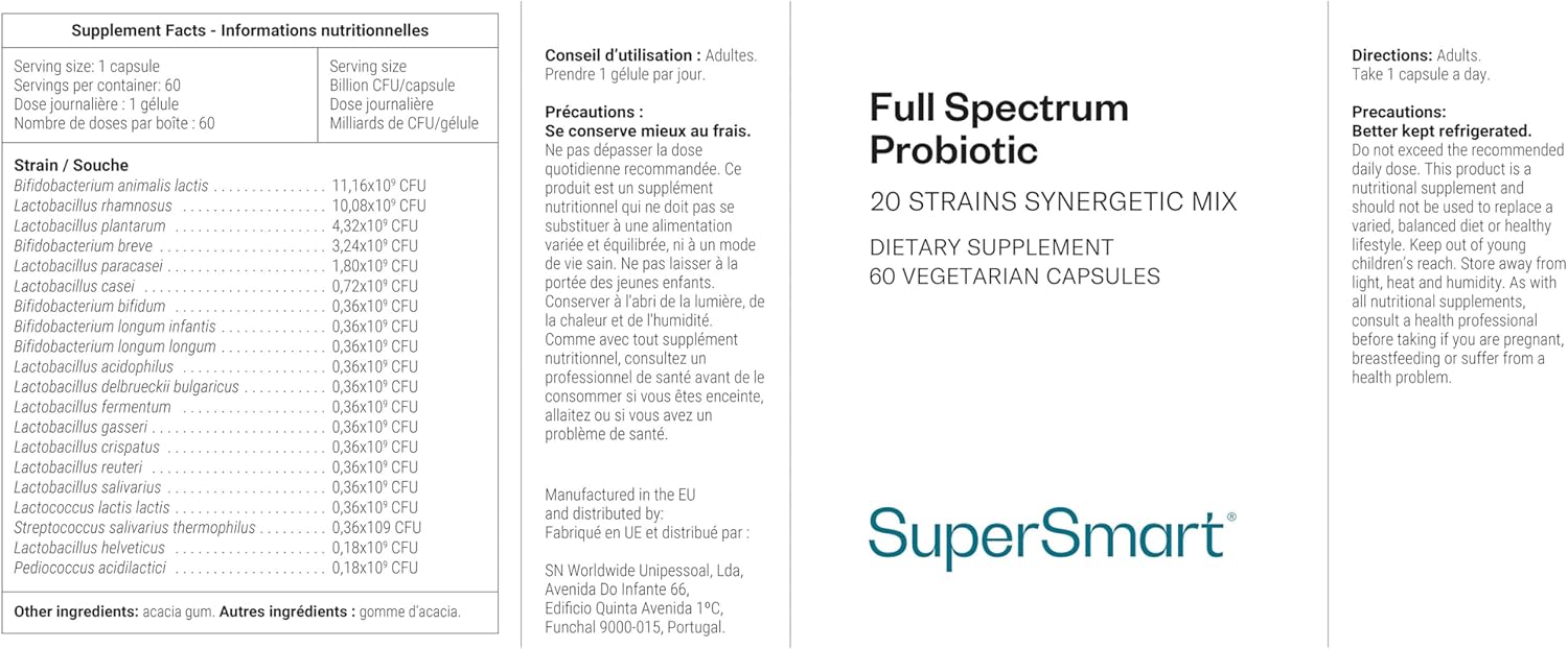 Formule probiotique à spectre complet 36 milliards d'UFC par jour - Le Probiotique Ultime - Aide à Soutenir et à Protéger votre Système Digestif - Vegan - Sans Gluten - Supersmart